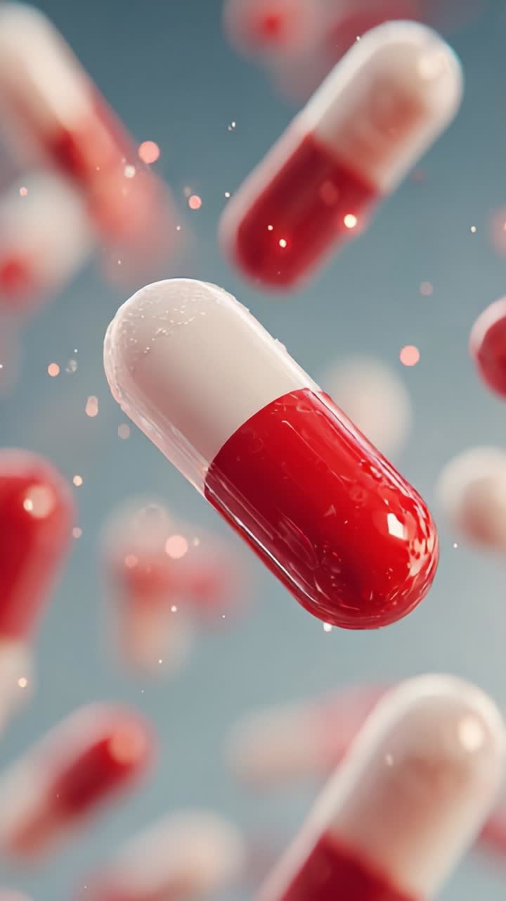A Vibrant Collection of Red and White Capsules Floating in Mid-Air, Showcasing the Intricate Design and Appeal of Medical Pills Against a Soft Blur Background