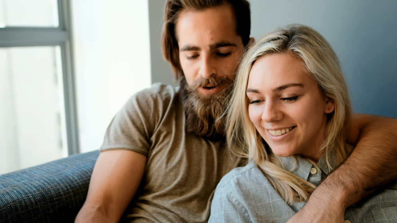 Couple using digital tablet in living room 4k