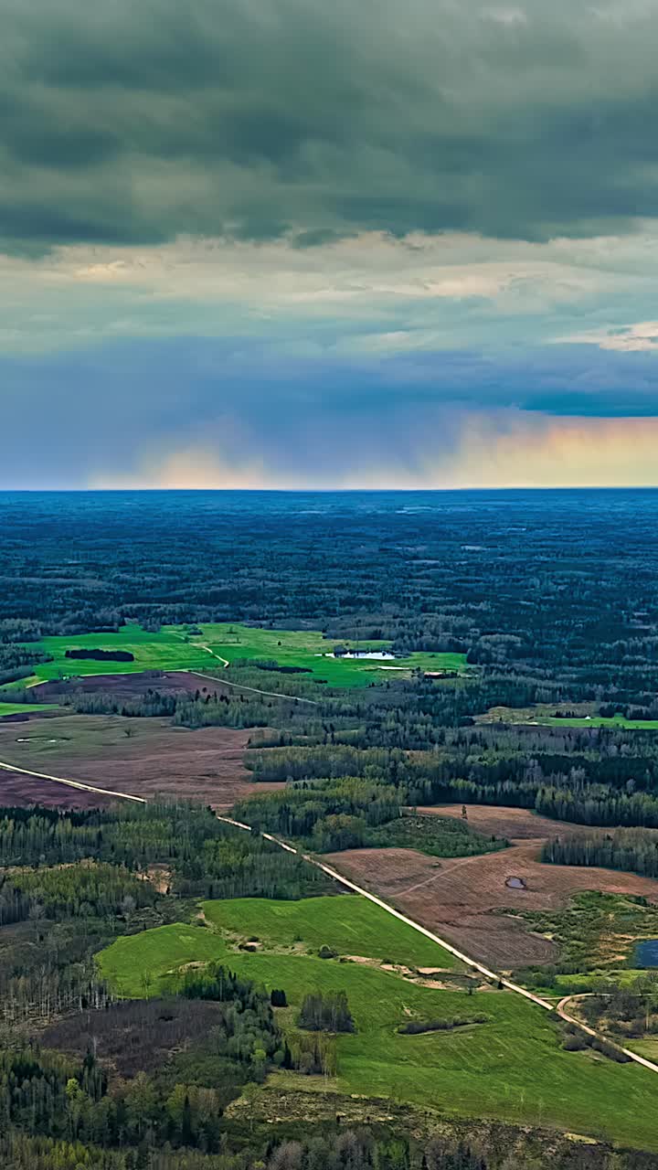 Rain pouring from storm clouds in aerial timelapse over forest landscape, vertical