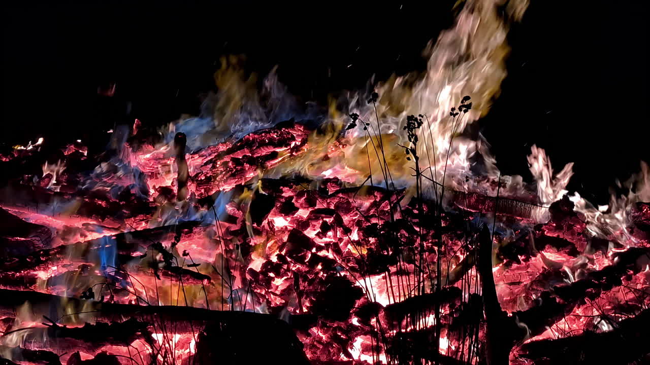 Fiery bonfire embers glow under the night sky during the traditional Latvian Midsummer festival, symbolizing light, renewal, and community celebration