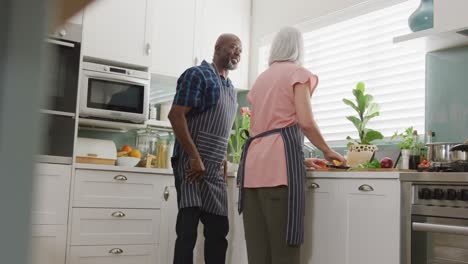 happy senior diverse couple wearing aprons and cooking in kitchen