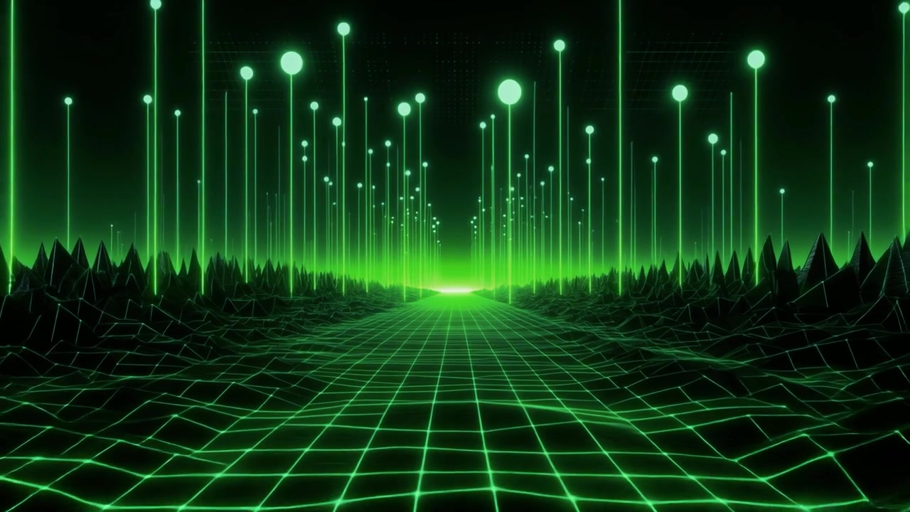 Futuristic Digital Landscape with Glowing Green Data Beams