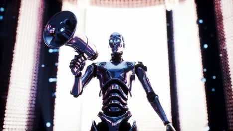 a futuristic robot stands confidently on a stage, holding a megaphone, ready to address an audience with a commanding presence in a vibrant and high-tech environment