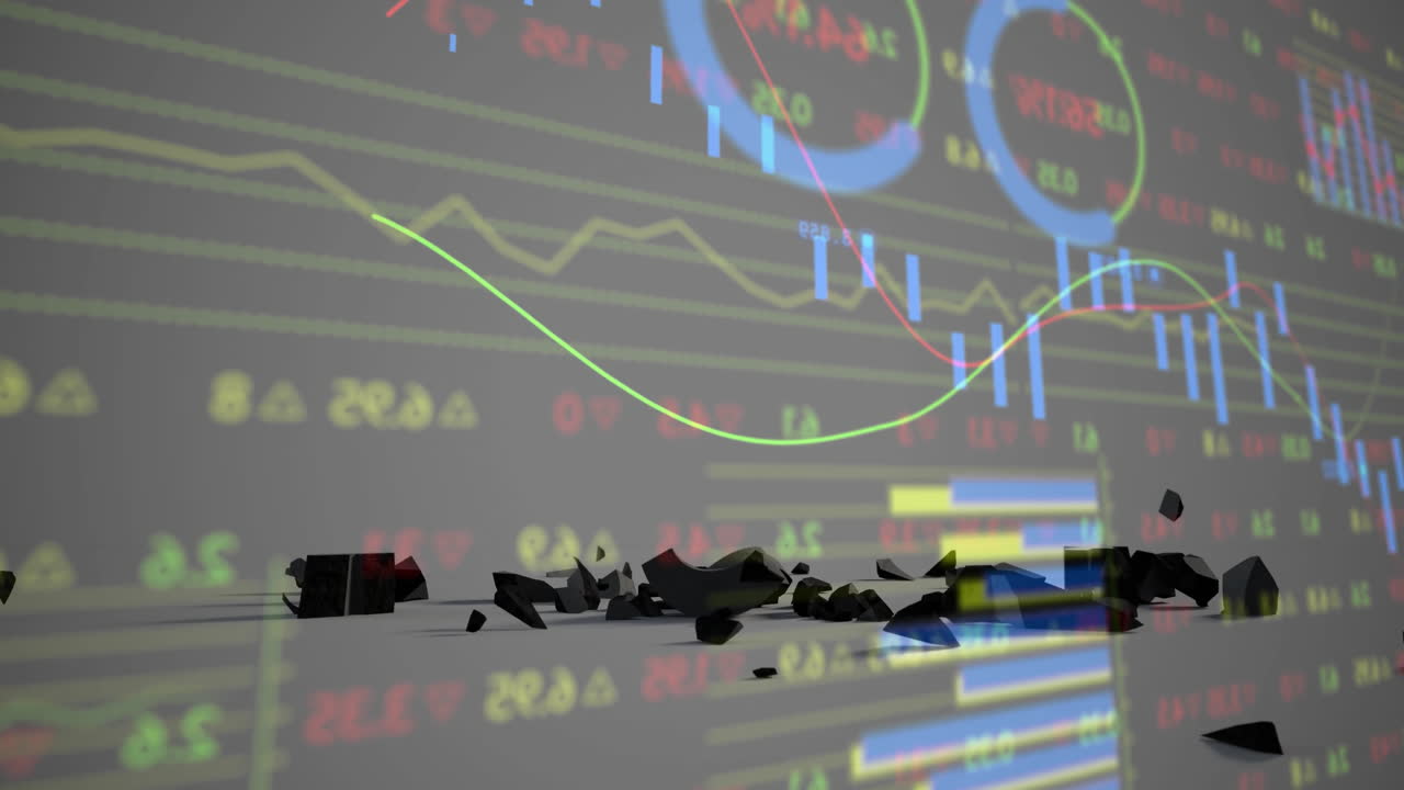 Animation of colorful financial graphs and charts projected over floor debris