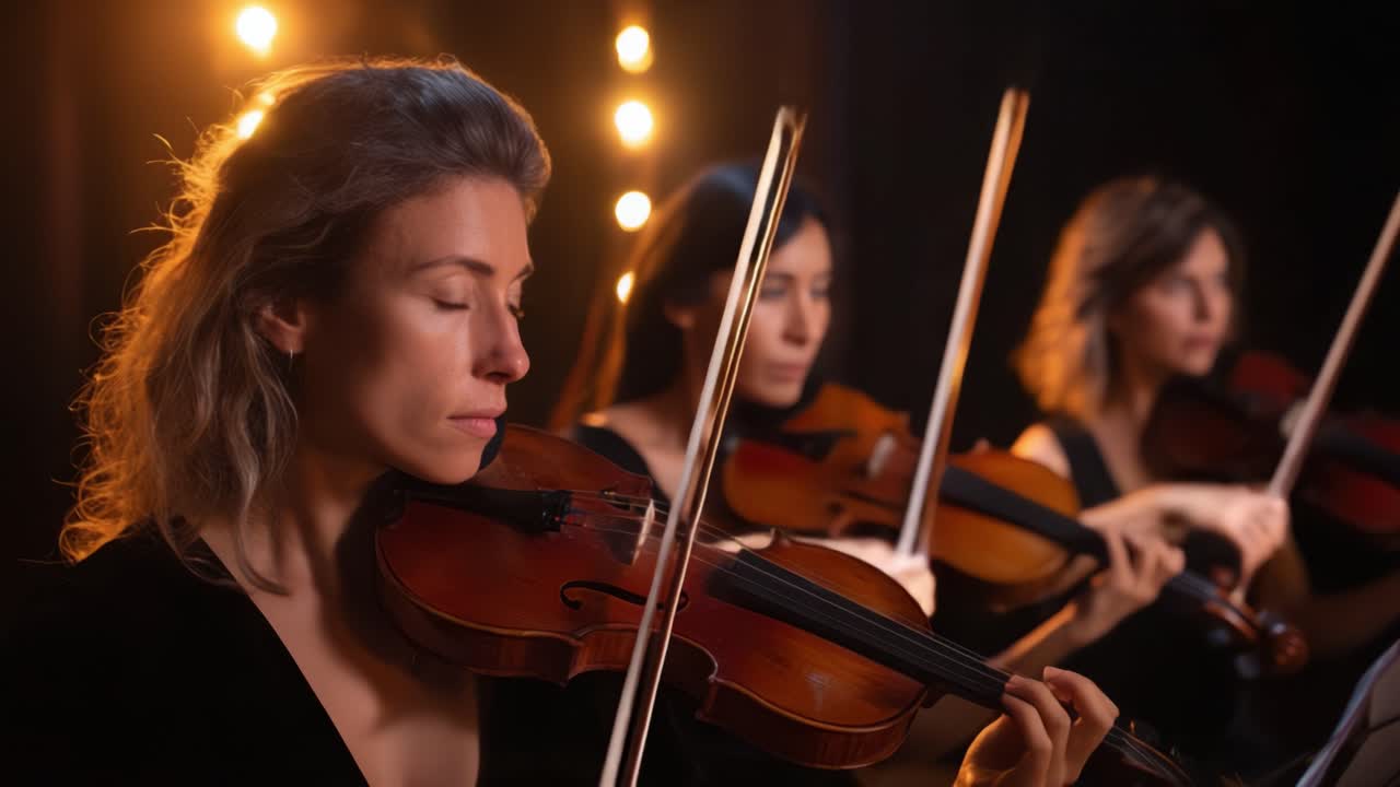 Un trio di musiciste talentuose, rapite dalla loro arte, suona abilmente i violini sotto luci soffuse in un'ambientazione suggestiva per un'esperienza di performance.