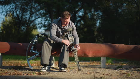 man sitting on park bench outdoors wearing gray hoodie and pants, focused on working with spring-loaded stilts in peaceful setting surrounded by trees and greenery, showcasing concentration