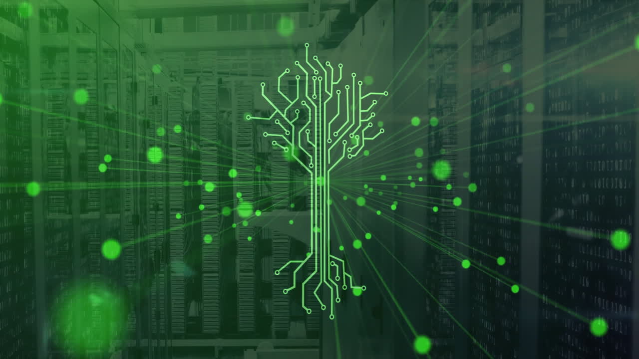 Animation of circuit tree with glowing green nodes in data center environment