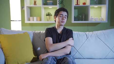 el infeliz adolescente deprimido está sentado solo en la sala de estar y de repente comienza a llorar.