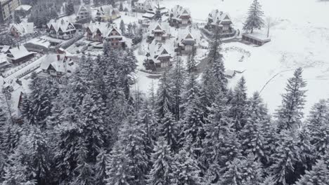 snowy mountain village aerial view