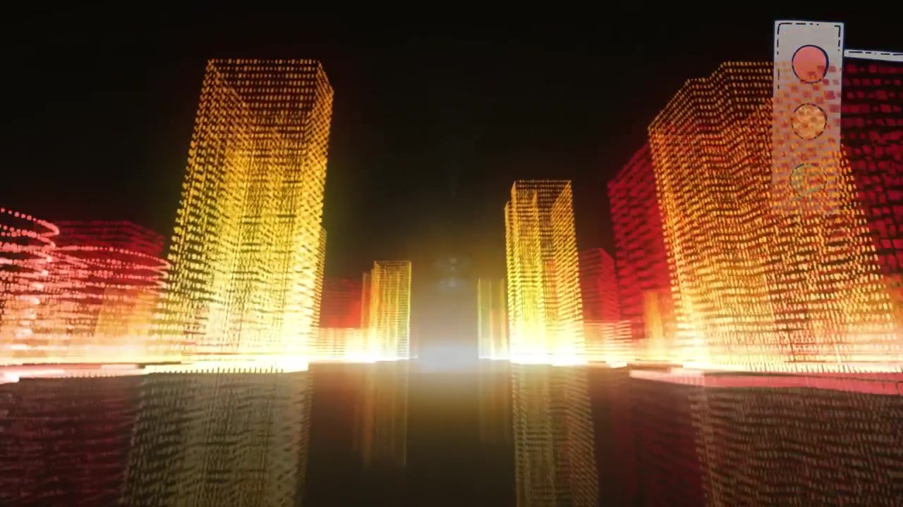 Animazione di un semaforo su punti illuminati che formano edifici su sfondo nero
