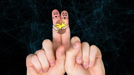 Animation-of-fingers-with-easter-bunny-holding-egg-over-network-of-connections-on-black-background