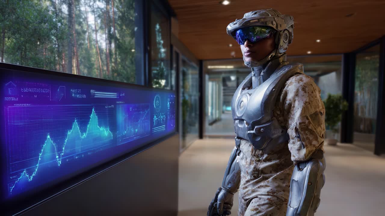 Futuristic Soldier Analyzing Digital Data Visualization in a High-Tech Environment with Advanced Graphs and Sophisticated Technology