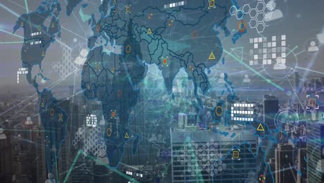 Animation-of-network-of-connections-over-world-map-and-cityscape