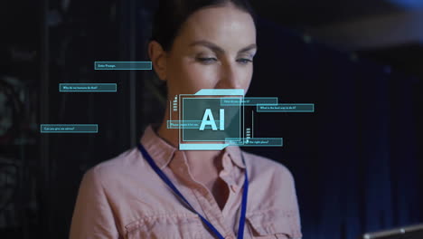 Animation-Von-KI-Text,-Scanner-Und-Dialogfeldern-über-Einer-Kaukasischen-Technikerin-Im-Serverraum