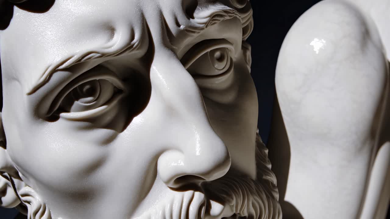 Close-up angle of a marble statue's face, highlighting intricate details and textures, reminiscent
