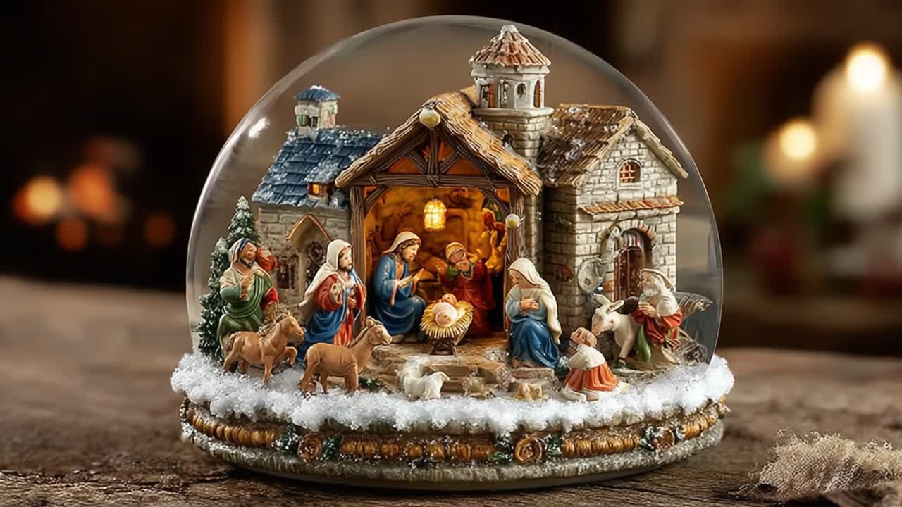 Una sfera di vetro finemente realizzata che raffigura la scena della Natività, mostrando dettagli intricati della sacra famiglia e delle figure circostanti in un'atmosfera festosa