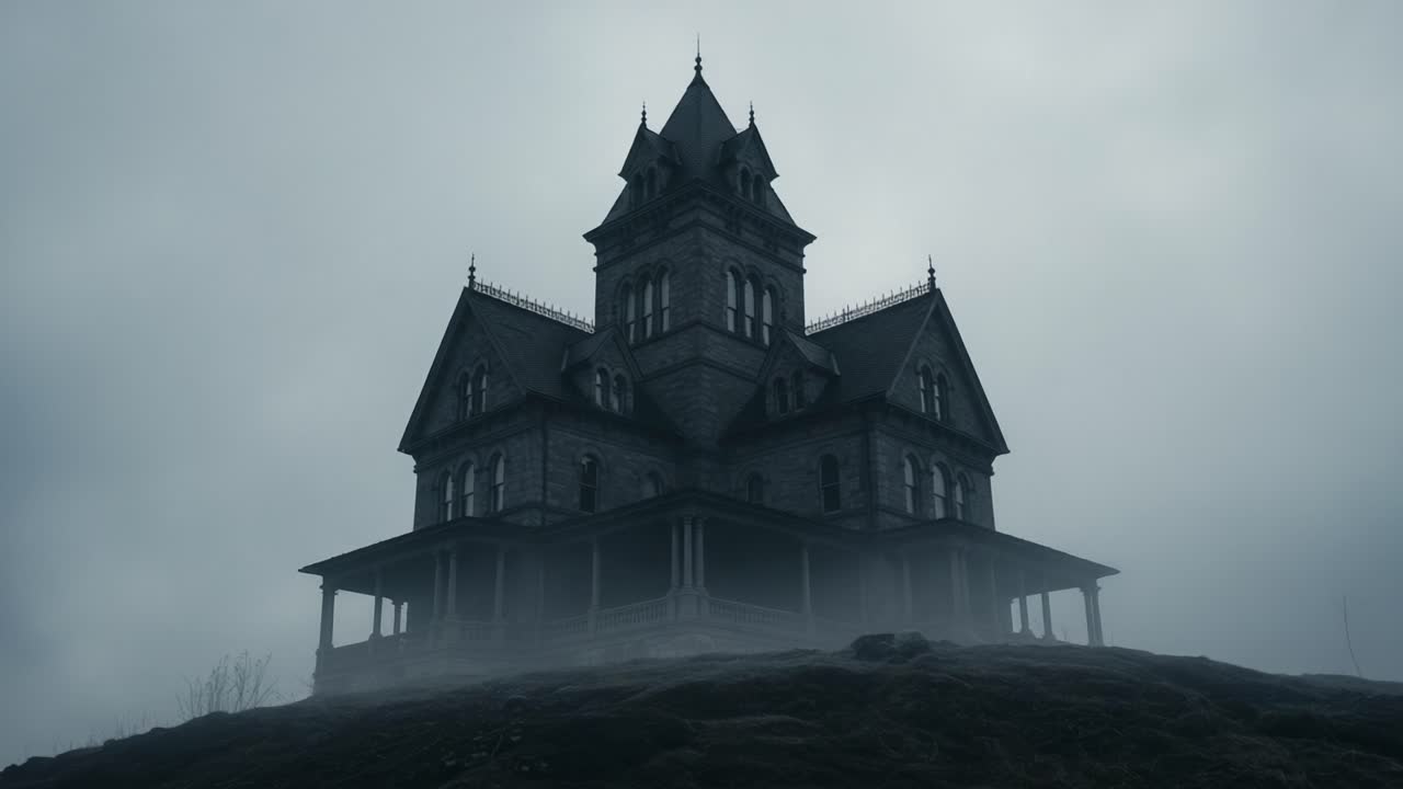 Mysterious and Haunting Manor Rising from Mist: A Captivating Exploration of Architectural Grandeur Veiled in Fog and Shadow