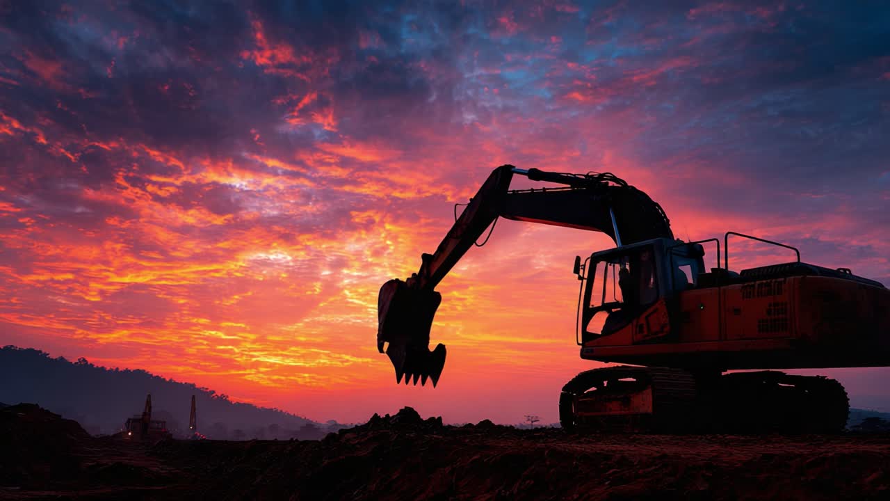 A Landscape Transformed by Machinery: Silhouetted Excavator Against a Stunning Sunset Glowing with Vibrant Colors Shaping the Horizon