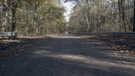 Drone-flying-over-a-back-road-covered-in-leaves