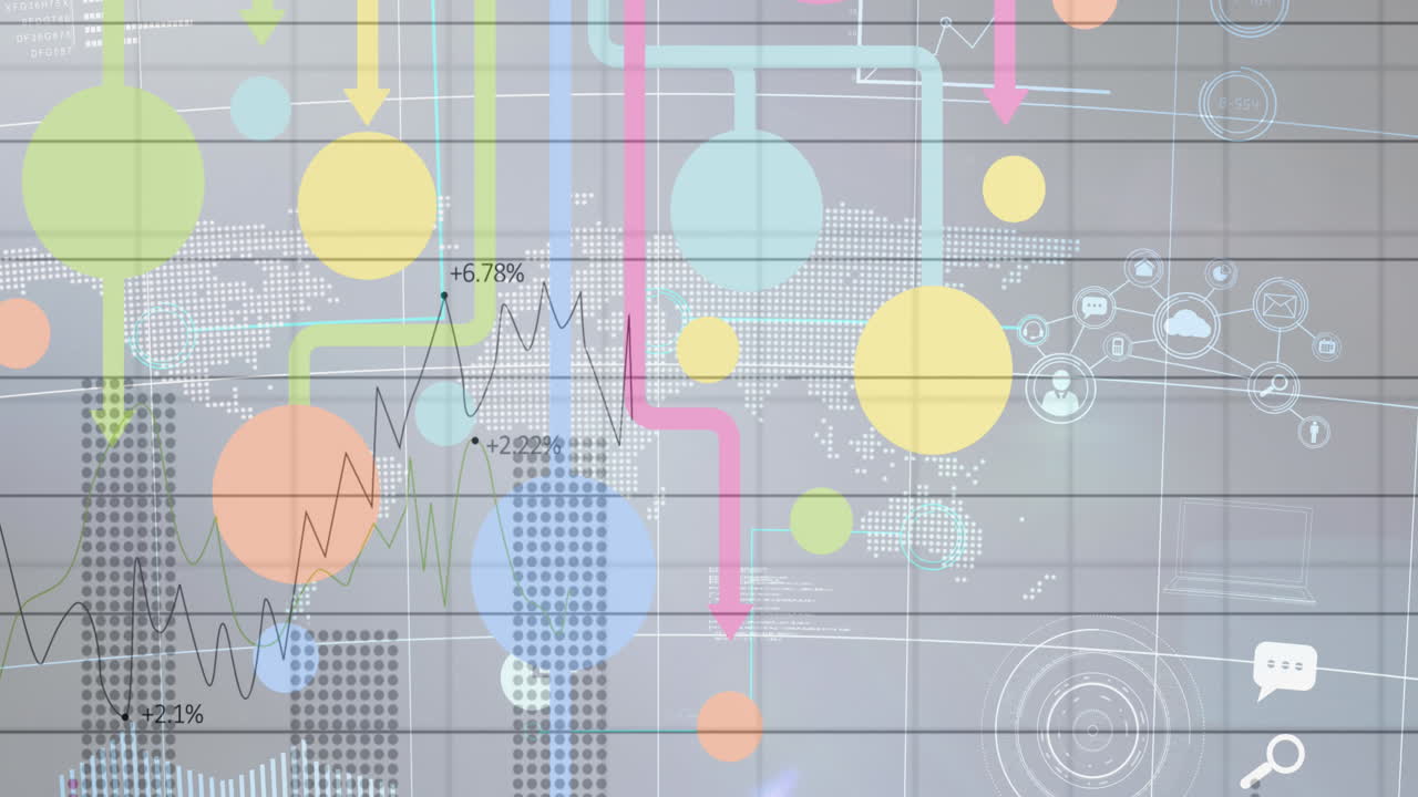 연결 네트워크의 애니메이션, 회색 배경의 세계 지도 위의 디지털 아이콘