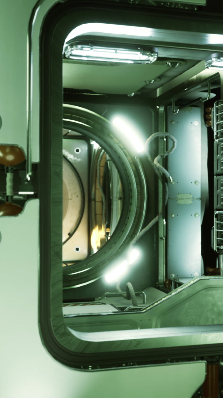 Close view of a futuristic machine with glowing lights and open door