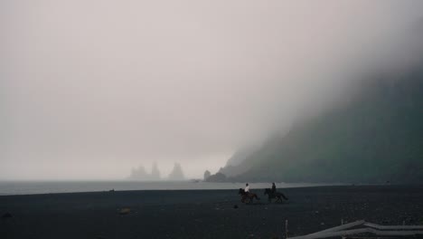 horses running in slowmotion across black sand beach, in a foggy day in vik, iceland