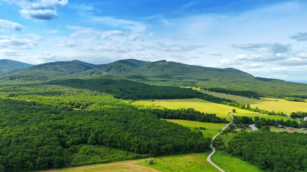 Amazing green forests cover the slopes of the mountains. Nature landscape on sunny summer day. Aerial view.