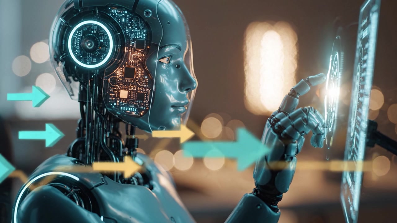 A highly advanced humanoid robot equipped with sophisticated technology interacts with digital displays, showcasing artificial intelligence and futuristic capabilities.