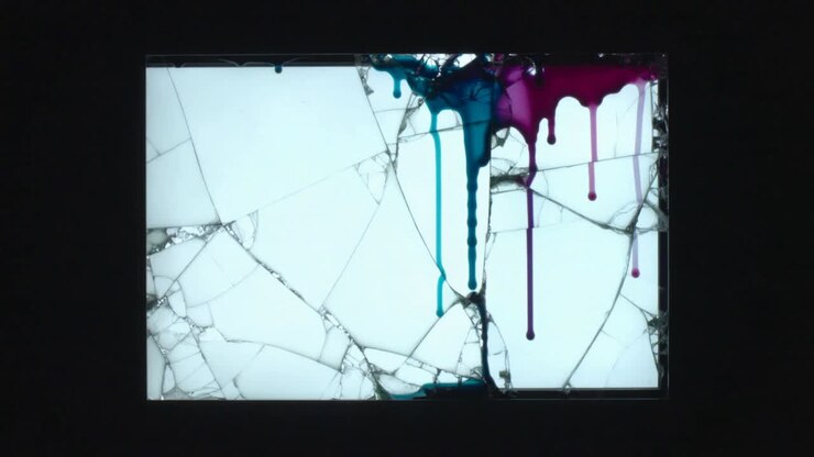 Dripping cracked backlit panel with gravity pulling cyan and magenta streams down in dark studio
