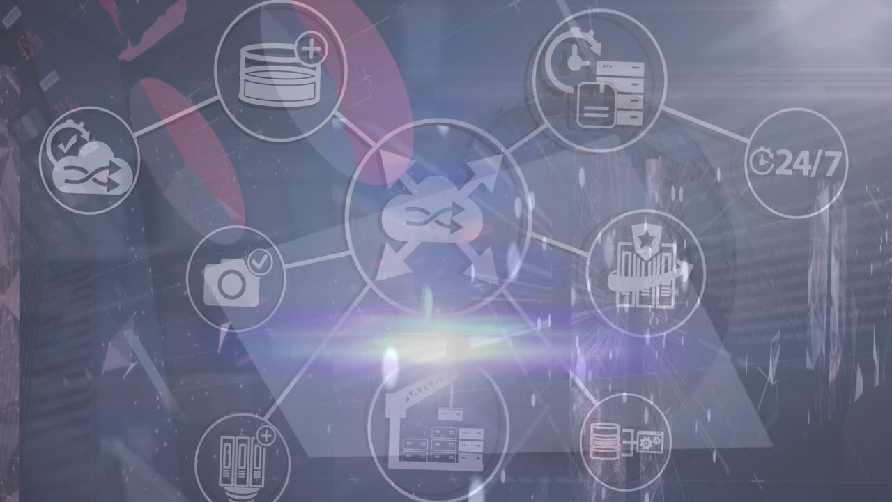 animación de una red de iconos digitales y procesamiento de datos a través de pantallas con redes plexus.