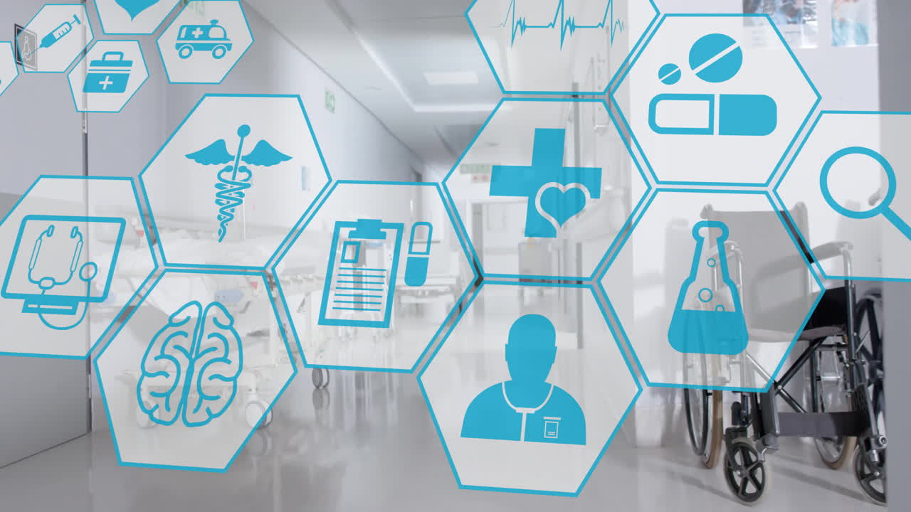 Animation of medical icons over empty corridor in hospital