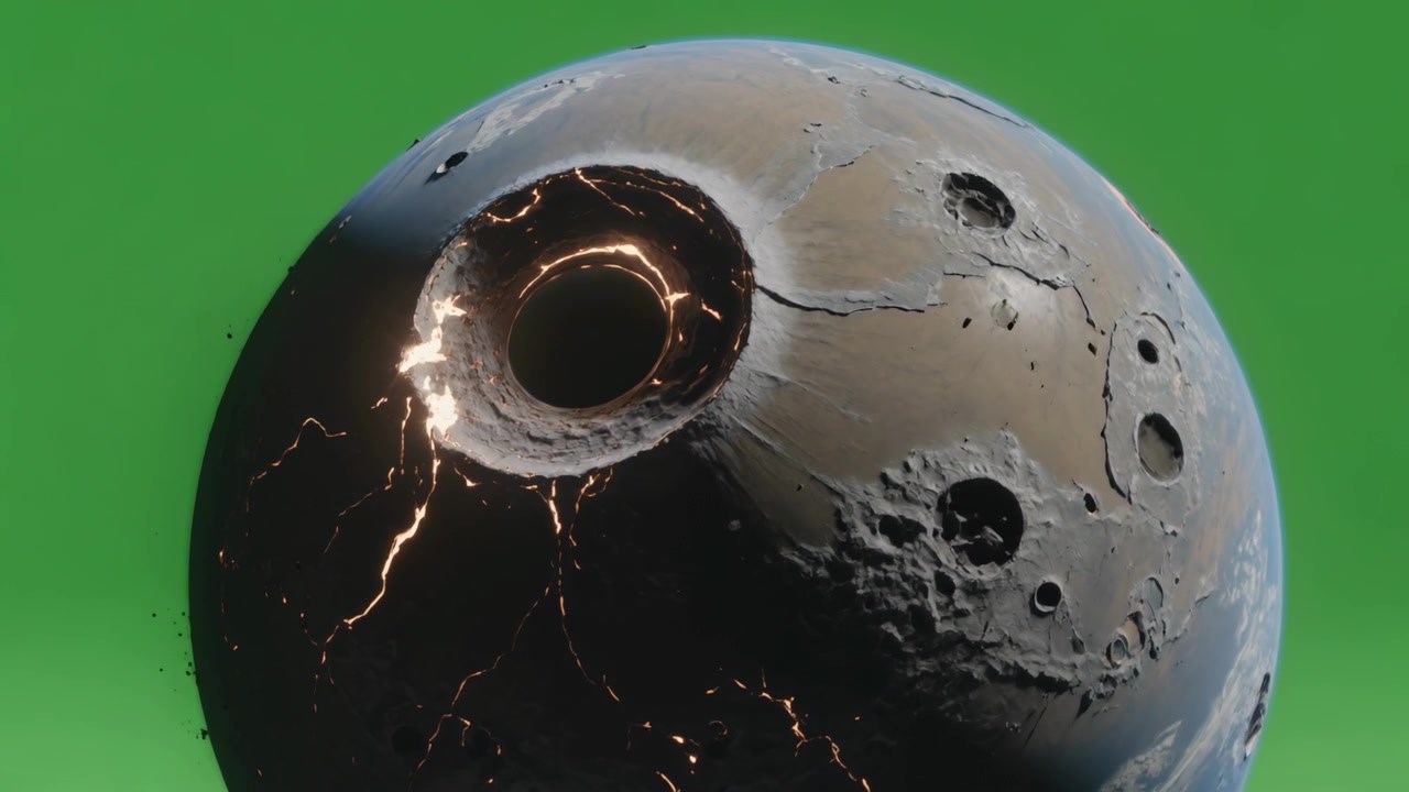 Orbiting camera revealing cratered sphere at green chroma, exposing molten ringed crater and ejecta