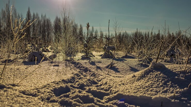 Inquadratura dal basso di un sentiero di animali su neve spessa con una foresta sullo sfondo