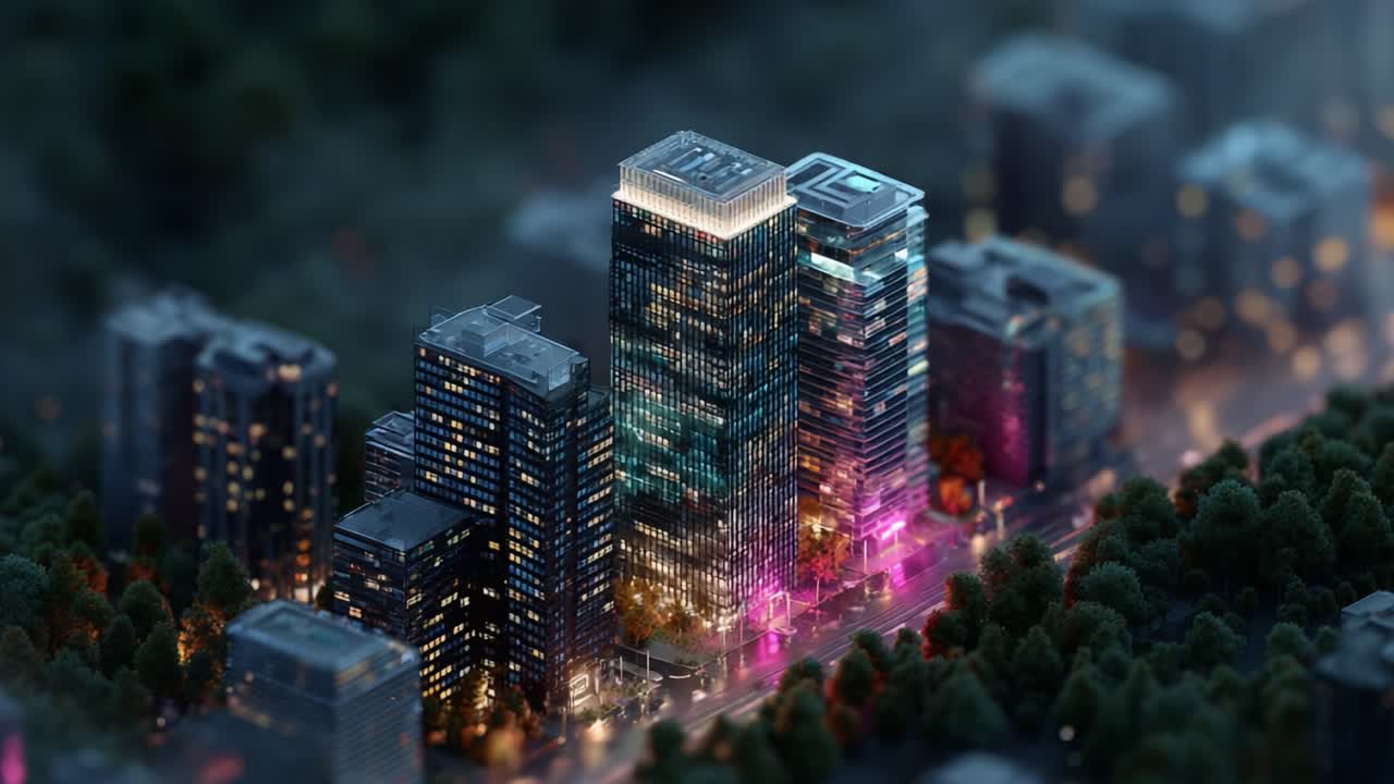 A Stunning Aerial View of Modern Skyscrapers Illuminated with Vibrant Lights Amidst a Lush Urban Landscape at Night