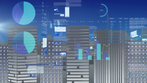 animation of statistics and data processing over cityscape