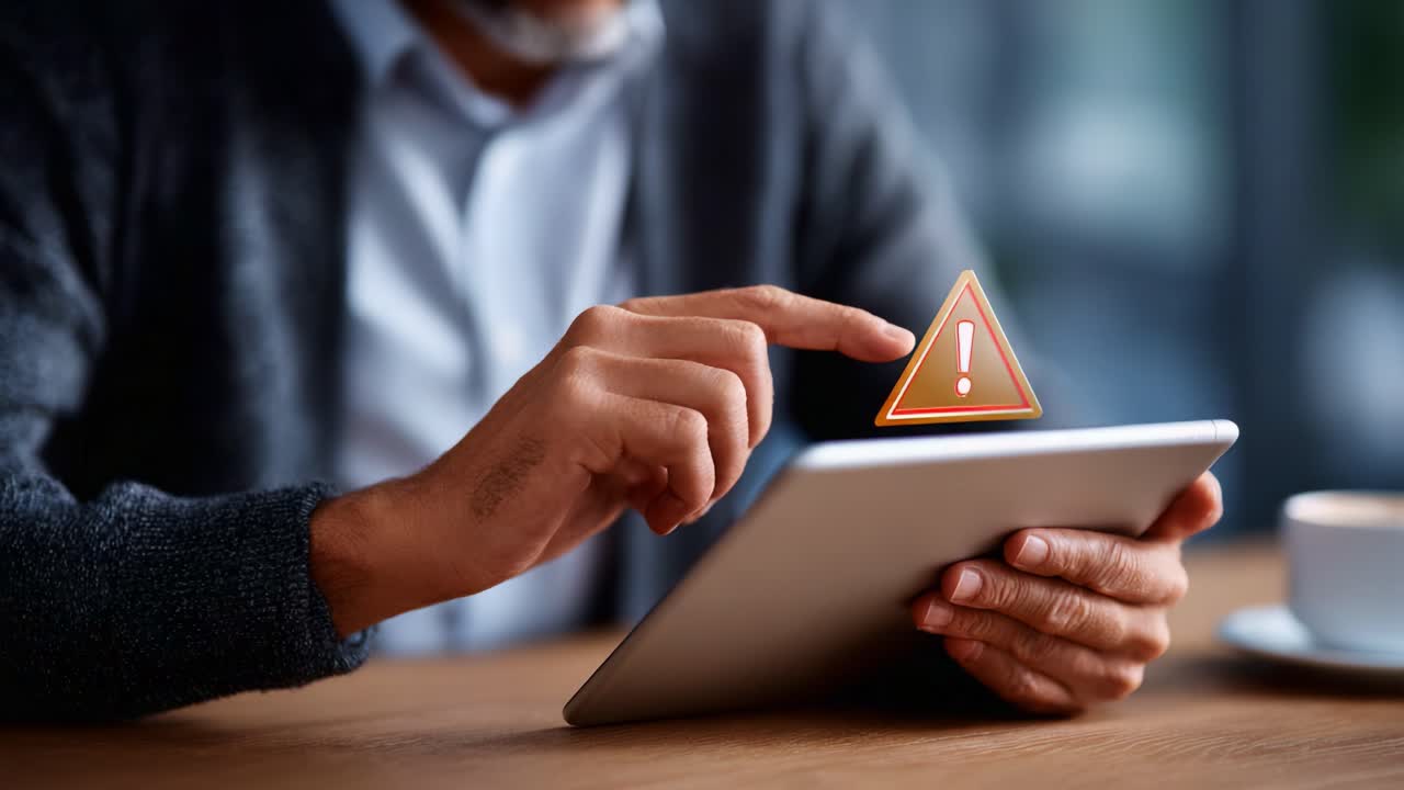 A person interacting with a tablet device displaying a caution symbol, emphasizing the importance of attention to alerts in digital communication