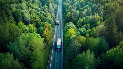 aerial view of a straight road through a green forest with vehicles