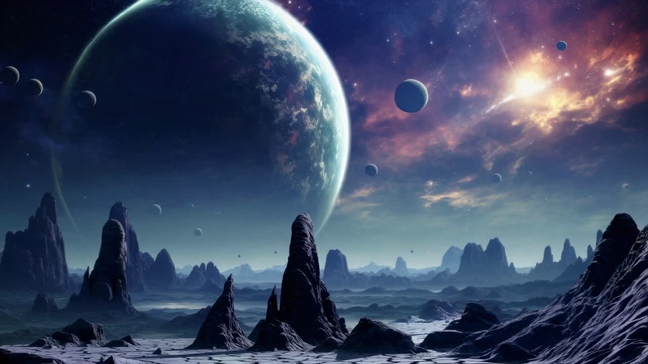 A mesmerizing sci-fi landscape with planets and rocky terrain, captured from a low-angle
