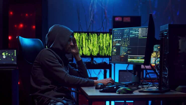 Male Software Developer In A Hood Sitting At The Computer In The Office At Night And Programming Some Project Website