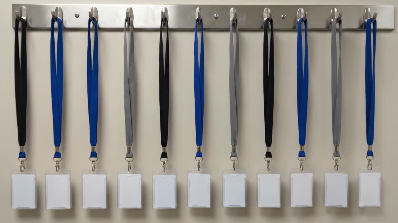 Blank ID Card Holders and Lanyards Hanging on a Wall Rack