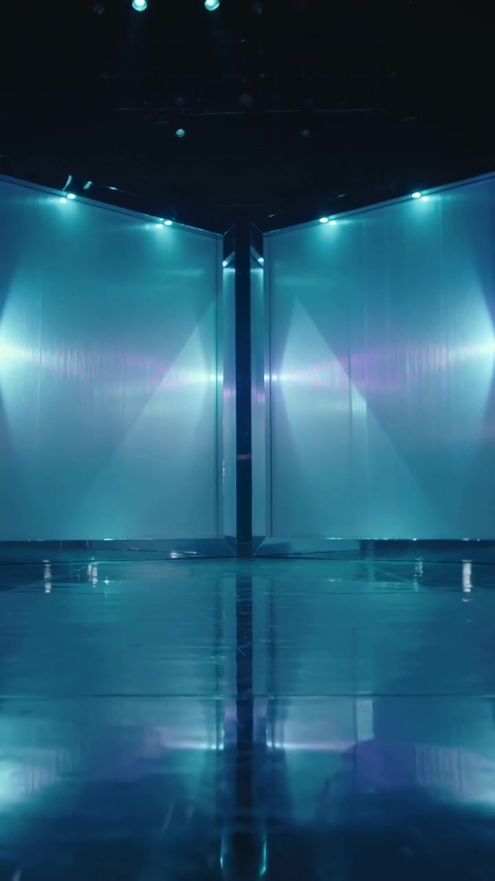 Video verticale: Telecamera che rivela pannelli gemelli e una colonna sul set, con luci che riflettono il pavimento per creare atmosfera.