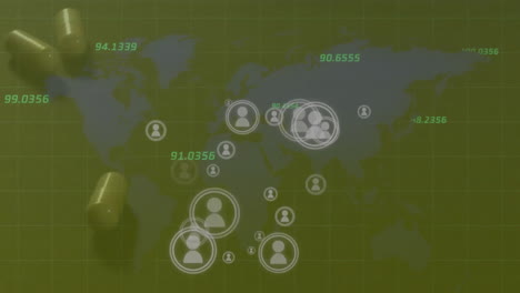 animation of data processing with icons and world map over pills