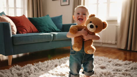 happy baby with teddy bear in living room