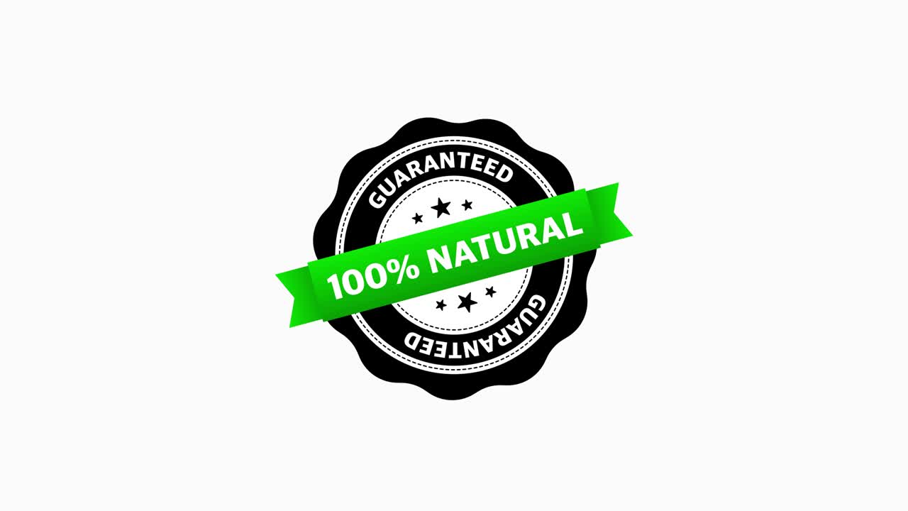 Stamp with 100 NATURAL GARANTEED text of flat style isolated on white background. Motion graphic.
