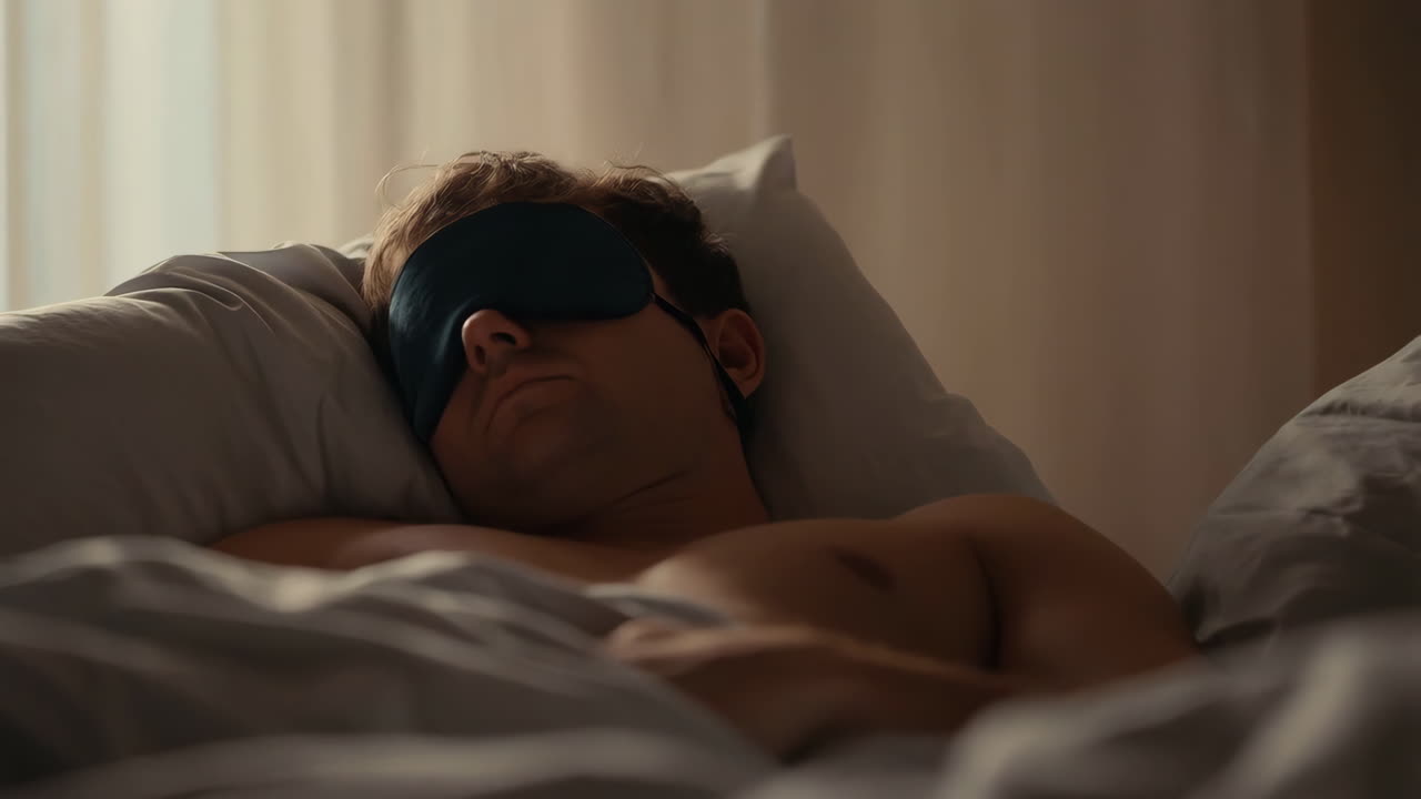 Mand, der sover fredfyldt i sin seng med en sovemaske