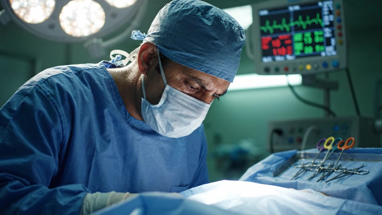 Chirurgo Concentrato Impegnato in un'Operazione di Precisione in un Ambiente Sterile Tra Tecnologia Chirurgica Avanzata e Apparecchiature di Monitoraggio per una Cura Ottimale del Paziente.