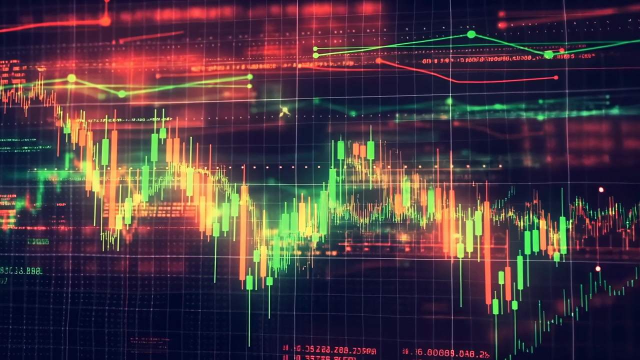 Neon Candlestick Trading Chart Visualization Showing Volatile Market Action With Layered Indicators