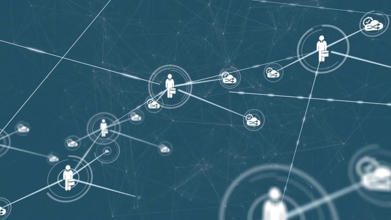 Central briefcase pictogram radial lines camera zooming out spawning nodes growing business network