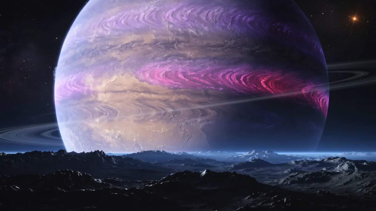 Holding low-angle camera filming gas giant planet above rocky plain, with magenta storm and ring