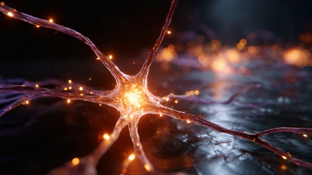 Captivating Close-Up of a Glowing Neuron with Radiating Light, Representing Neural Activity and Connectivity in a Dynamic and Engaging 3D Visual Environment